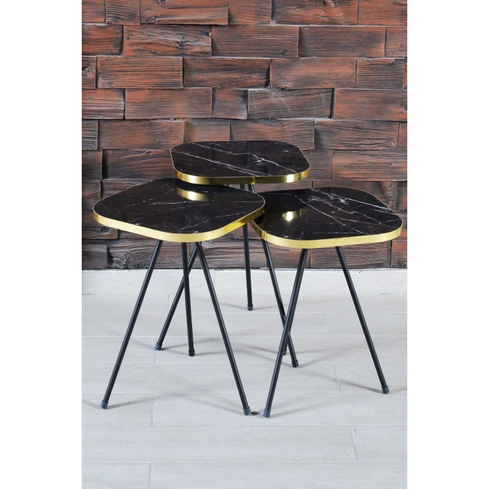 Zigon Sehpa Ve Orta Sehpa Kombin Set Siyah Ayak Altın Bendir 3201