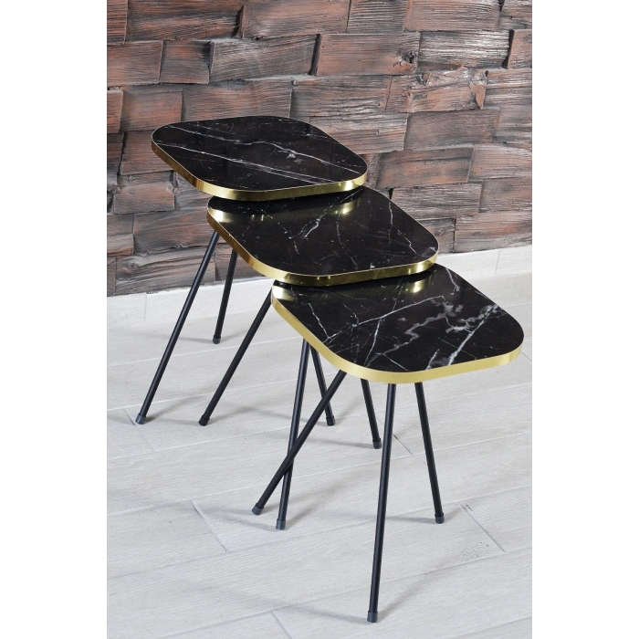 Zigon Sehpa Ve Orta Sehpa Kombin Set Siyah Ayak Altın Bendir 3201