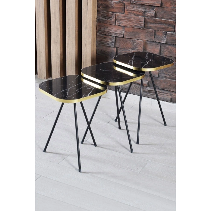 Zigon Sehpa Ve Orta Sehpa Kombin Set Siyah Ayak Altın Bendir 3201