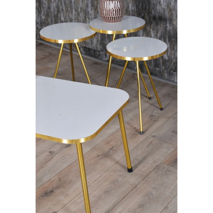 Zigon Sehpa ve Orta Sehpa Kr Gold Metal Ayak Gold Beyaz Set