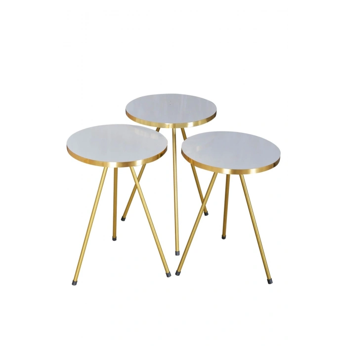 Zigon Sehpa ve Orta Sehpa Kr Gold Metal Ayak Gold Beyaz Set