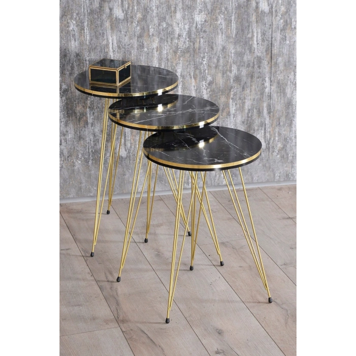 Zigon Sehpa ve Orta Sehpa Kr Set Çift Gold Bendir Tel