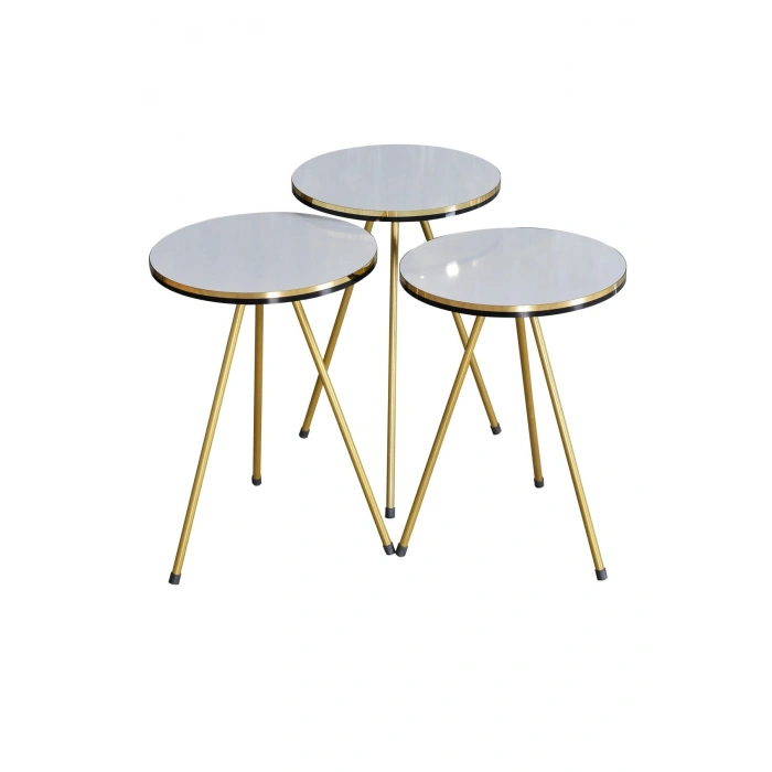 Zigon Sehpa Ve Orta Sehpa Kr Set Çift Gold Beyaz Metal