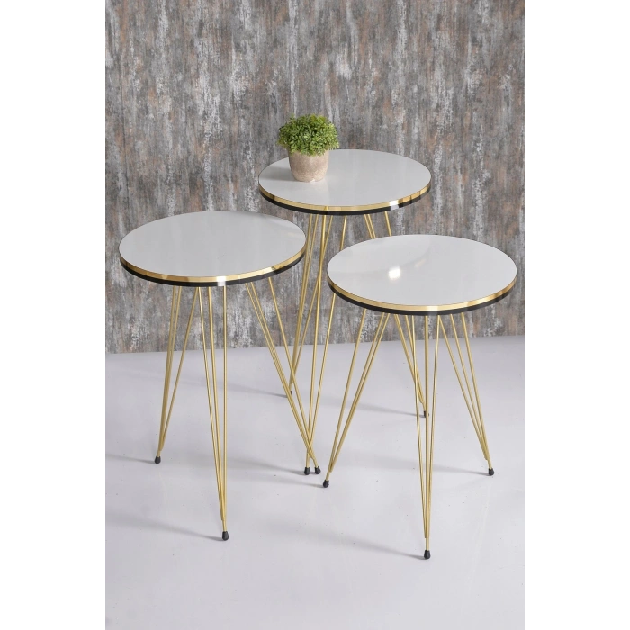 Zigon Sehpa Ve Orta Sehpa Kr Set Çift Gold Beyaz Tel Ayak