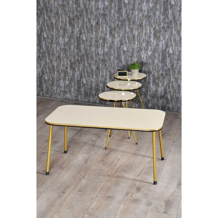 Zigon Sehpa Ve Orta Sehpa Kr Set Çift Gold Krem Metal