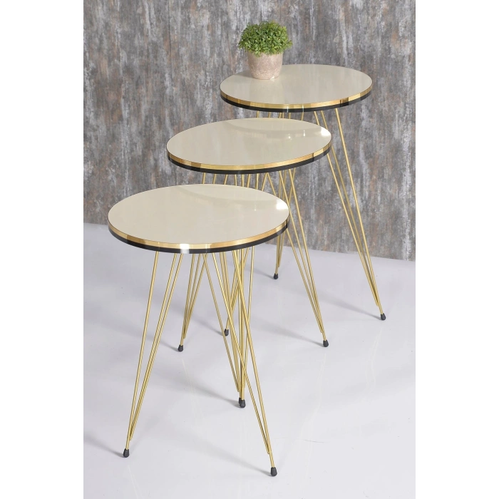 Zigon Sehpa Ve Orta Sehpa Kr Set Çift Gold Krem Tel Ayak