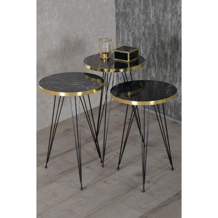 Zigon Sehpa Ve Orta Sehpa Kr Set Siyah Ayak Altın Bendir Tel