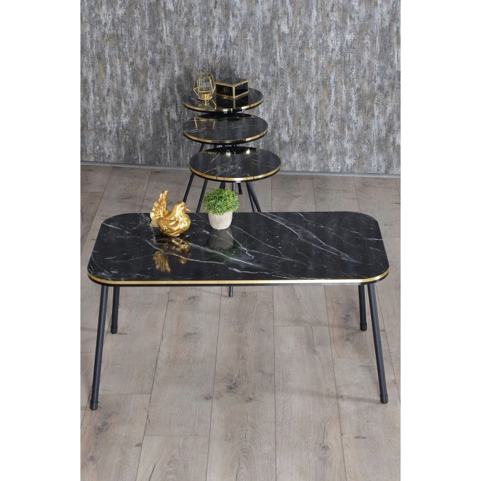 Zigon Sehpa Ve Orta Sehpa Kr Set Siyah Metal Ayak Çift Altın Bendir