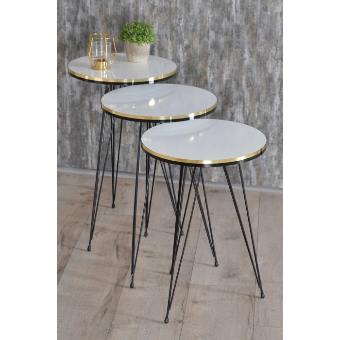 Zigon Sehpa Ve Orta Sehpa Kr Set Siyah Tel Ayak Çift Altın Beyaz