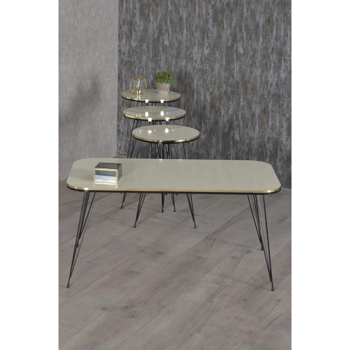 Zigon Sehpa Ve Orta Sehpa Kr Set Siyah Tel Ayak Çift Altın Krem