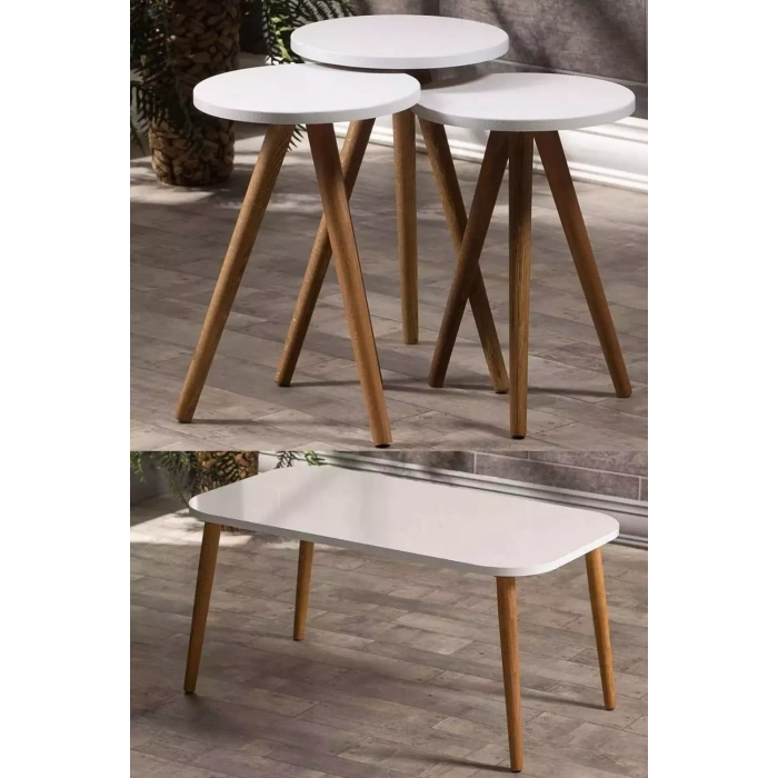 Zigon Sehpa Ve Orta Sehpa Set Ahşap Kr Torna Beyaz