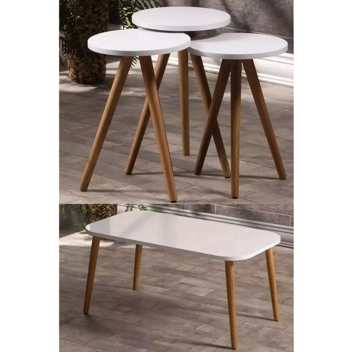 Zigon Sehpa Ve Orta Sehpa Set Ahşap Kr Torna Beyaz