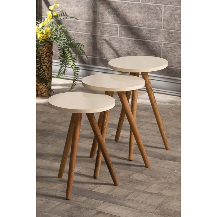 Zigon Sehpa Ve Orta Sehpa Set Ahşap Kr Torna Krem