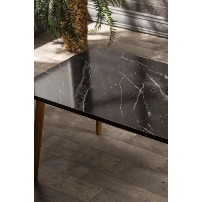 Zigon Sehpa Ve Orta Sehpa Set Ahşap Kr Torna Siyah Mermer Desen