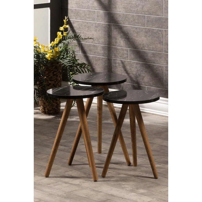 Zigon Sehpa Ve Orta Sehpa Set Ahşap Kr Torna Siyah Mermer Desen