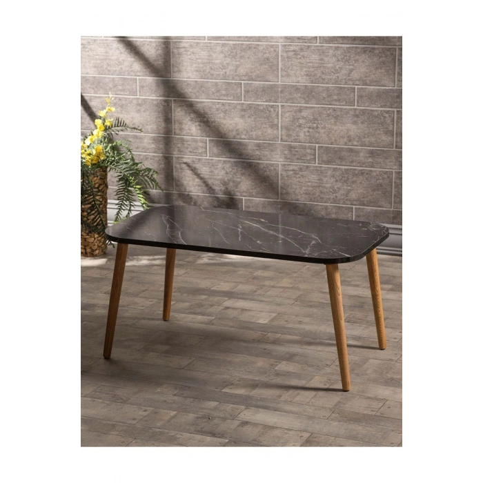 Zigon Sehpa Ve Orta Sehpa Set Ahşap Kr Torna Siyah Mermer Desen