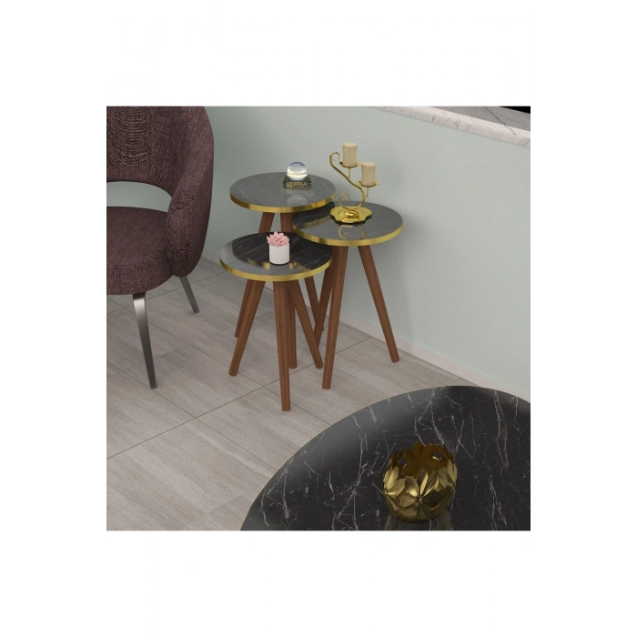 Zigon Sehpa Ve Orta Sehpa Set Ahşap Torna Elips ALTIN Siyah Mermer Desen