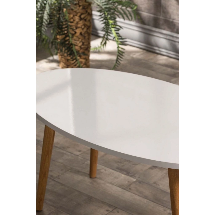 Zigon Sehpa Ve Orta Sehpa Set Ahşap Torna Elips Beyaz