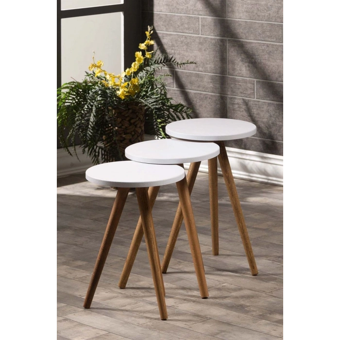 Zigon Sehpa Ve Orta Sehpa Set Ahşap Torna Elips Beyaz