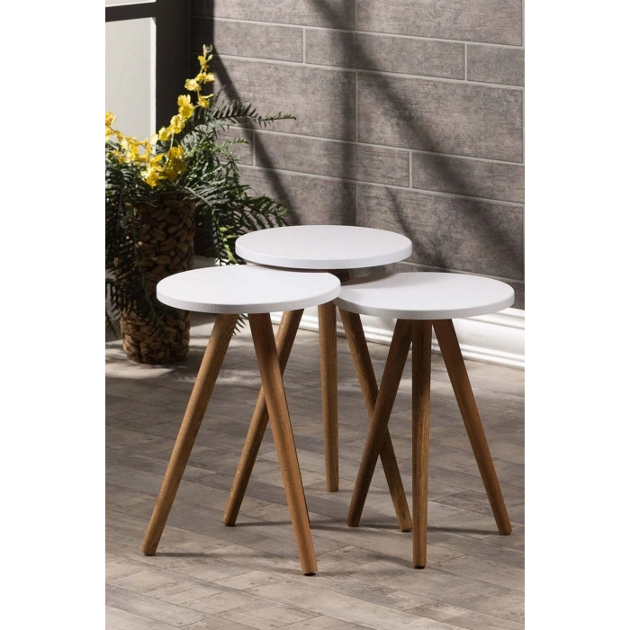 Zigon Sehpa Ve Orta Sehpa Set Ahşap Torna Elips Beyaz