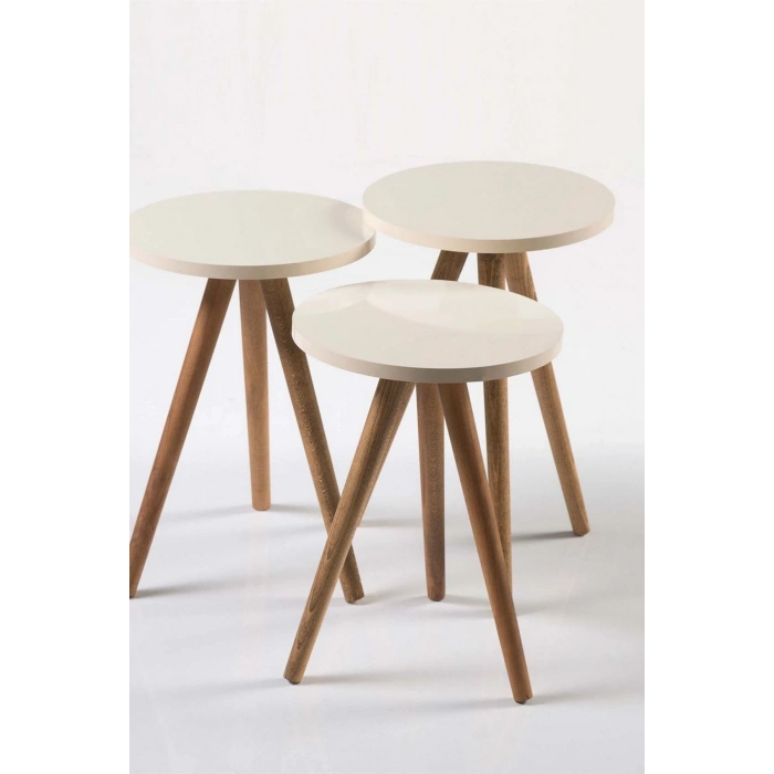 Zigon Sehpa Ve Orta Sehpa Set Ahşap Torna Elips Krem