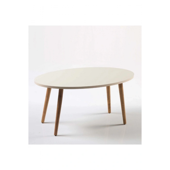 Zigon Sehpa Ve Orta Sehpa Set Ahşap Torna Elips Krem