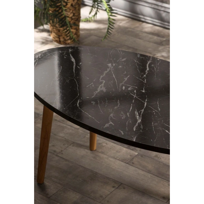 Zigon Sehpa Ve Orta Sehpa Set Ahşap Torna Elips Siyah Mermer Desen