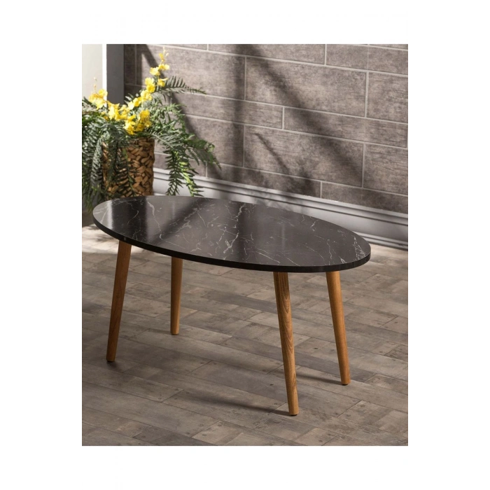 Zigon Sehpa Ve Orta Sehpa Set Ahşap Torna Elips Siyah Mermer Desen