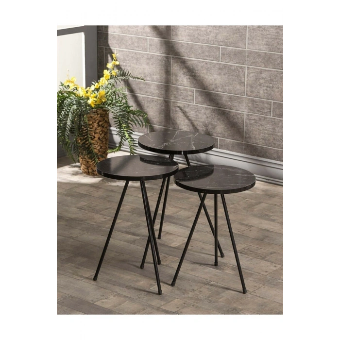 Zigon Sehpa Ve  Orta Sehpa Set  Metal  Elips Siyah Mermer Desen