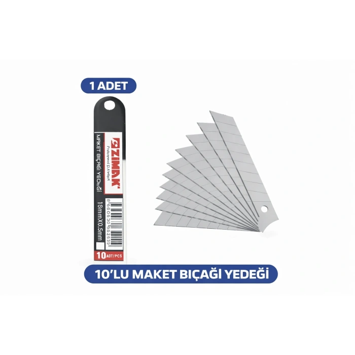 Zimak 18mm Maket Bıçağı Yedeği 0.5mm Karbon Çelik Profesyonel Kesici Uç 10’lu 1 Paket