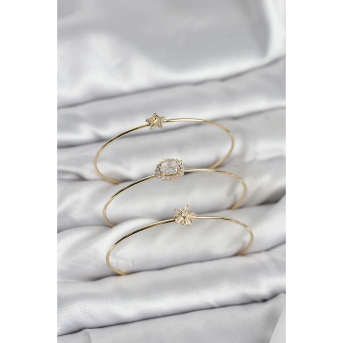 Zirkon Taşlı Gold Renk Tek Taş Model 3lü Kadın Bileklik Kombini
