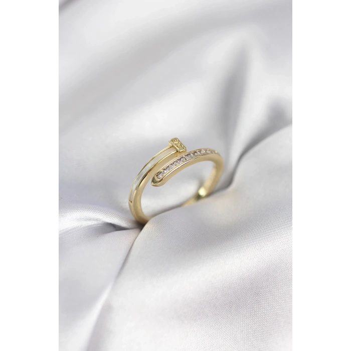 Zirkon Taşlı Gold Renk Yassı Çivi Model Kadın Yüzük