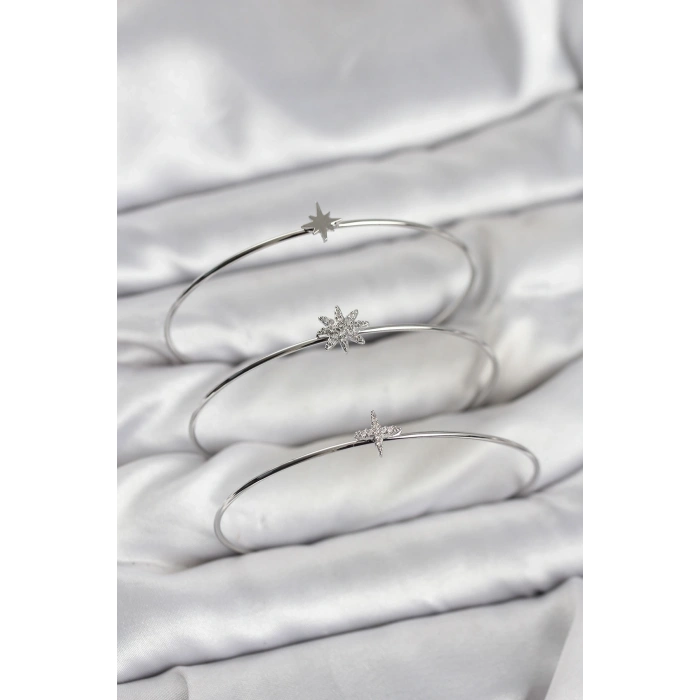 Zirkon Taşlı Kutup Yıldızı Model Gümüş Renk 3lü Kadın Bileklik Kombini