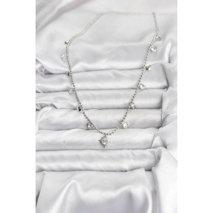 Zirkon Taşlı Kutup Yıldızı Model Pirinç Gümüş Renk Kadın Kolye