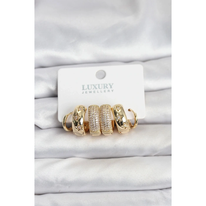 Zirkon Taşlı Pirinç Gold Renk Halka Kadın Küpe Seti