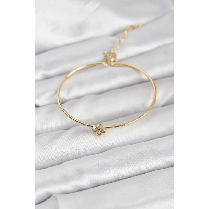 Zirkon Taşlı Yonca Model Gold Renk Kadın Bileklik