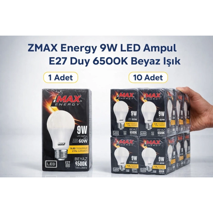 ZMAX Energy 9W LED Ampul E27 Duy 6500K Beyaz Işık 720 Lümen 60W Eşdeğer Enerji Tasarruflu 1 Adet