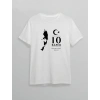 10 Kasım Atatürk Anma Günü Silüet Baskılı Oversize Bisiklet Yaka T-shirt - Beyaz