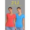 2li V Yaka Tişört – Kısa Kollu Yazlık Slim Fit Body - Nar Çiçeği - Açık Mavi