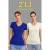 2li V Yaka Tişört – Kısa Kollu Yazlık Slim Fit Body - Saks Mavisi - Ekru