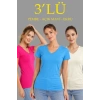 3lü V Yaka Tişört – Kısa Kollu Yazlık Slim Fit Body - Pembe, Açık Mavi, Ekru