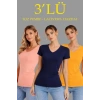 3lü V Yaka Tişört – Kısa Kollu Yazlık Slim Fit Body - Toz Pembe, Lacivert, Hardal
