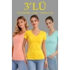 3lü V Yaka Tişört – Kısa Kollu Yazlık Slim Fit Body - Toz Pembe, Sarı, Turkuvaz