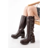5109-3015 Kahverengi Topuklu Fermuarlı Toka Aksesuarlı Günlük Kadın Çizme