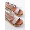 730-152 Bej Örgü Desenli Hakiki Deri Ortopedik Taban Kadın Sandalet