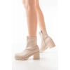 767-3012 Streç Bej Fermuarlı Kalın Topuklu Günlük Kadın Bot