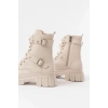 842-03 Bej Bağcıklı Kalın Tabanlı Bağcıklı Fermuarlı Günlük Kadın Bot