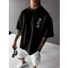 Baskılı Oversize Bisiklet Yaka T-shirt - Siyah