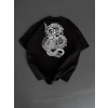 Baskılı Oversize Bisiklet Yaka T-shirt - Siyah