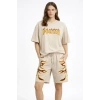 Bej Oversize Baskılı Tişört Şort Takım Cepli Şort Yazlık Rahat Günlük Kombin - Bej